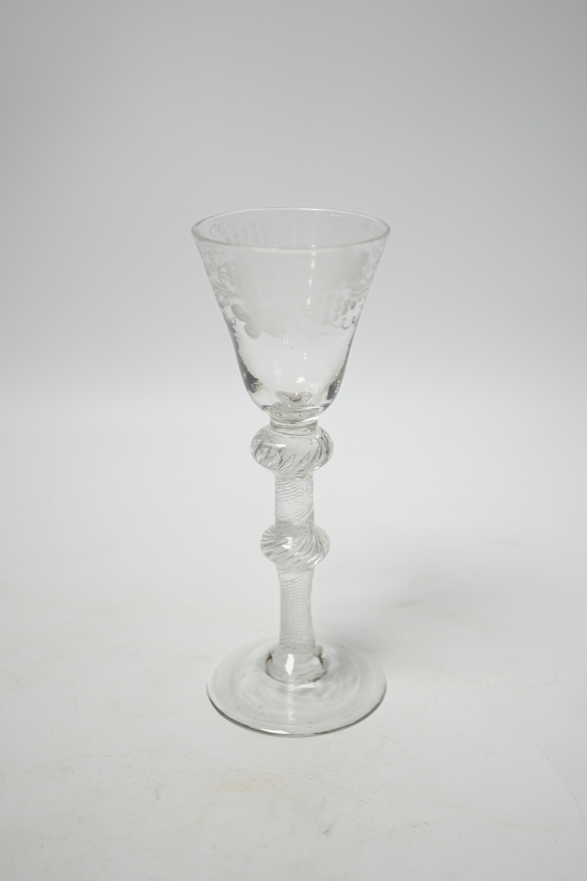 18th-century wine glass with air twist stem, double knop, engraved with fruiting vines, 15cm